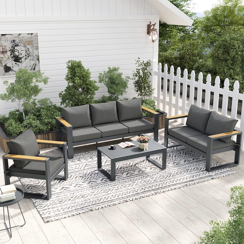Aoodor Outdoor Aluminum Frame Loveseat with Grey Cushions, 53"W x 26"D x 26"H