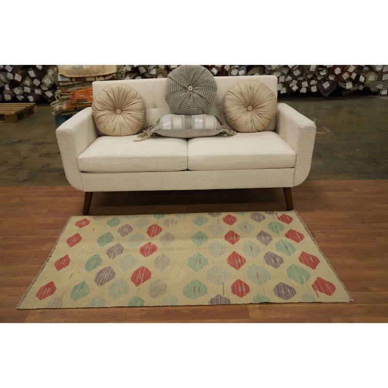 Hand Woven Oriental 100% Wool Carpet Southwestern Modern Beige & Ivories Kilim Area Rug - 5' 0'' X 3' 0''