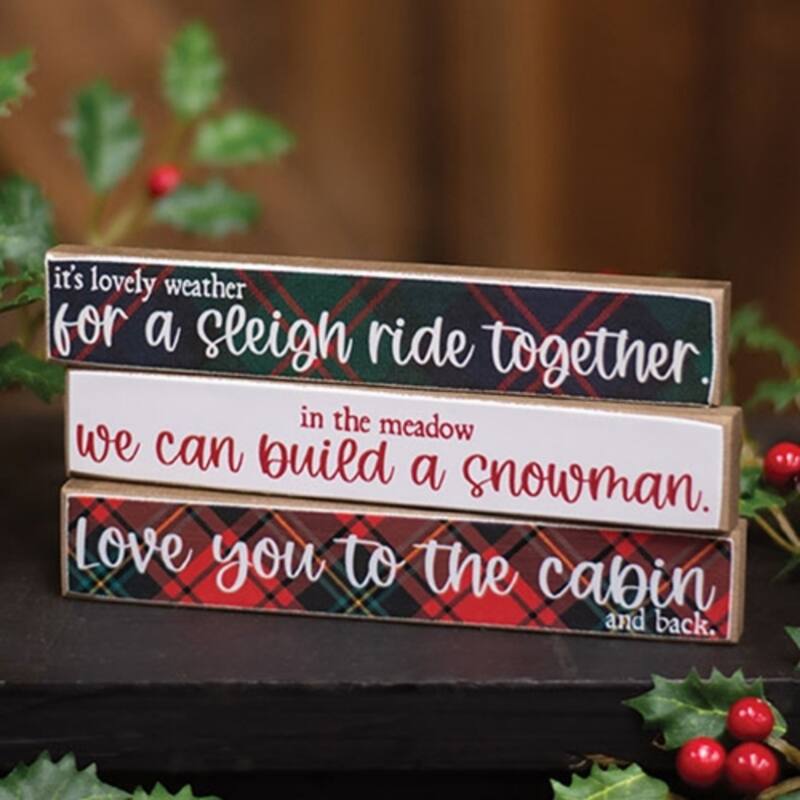 Sleigh Ride Plaid Mini Sticks for Christmas Decor - 3 Asstd. - 6" x 0.5" x 1"