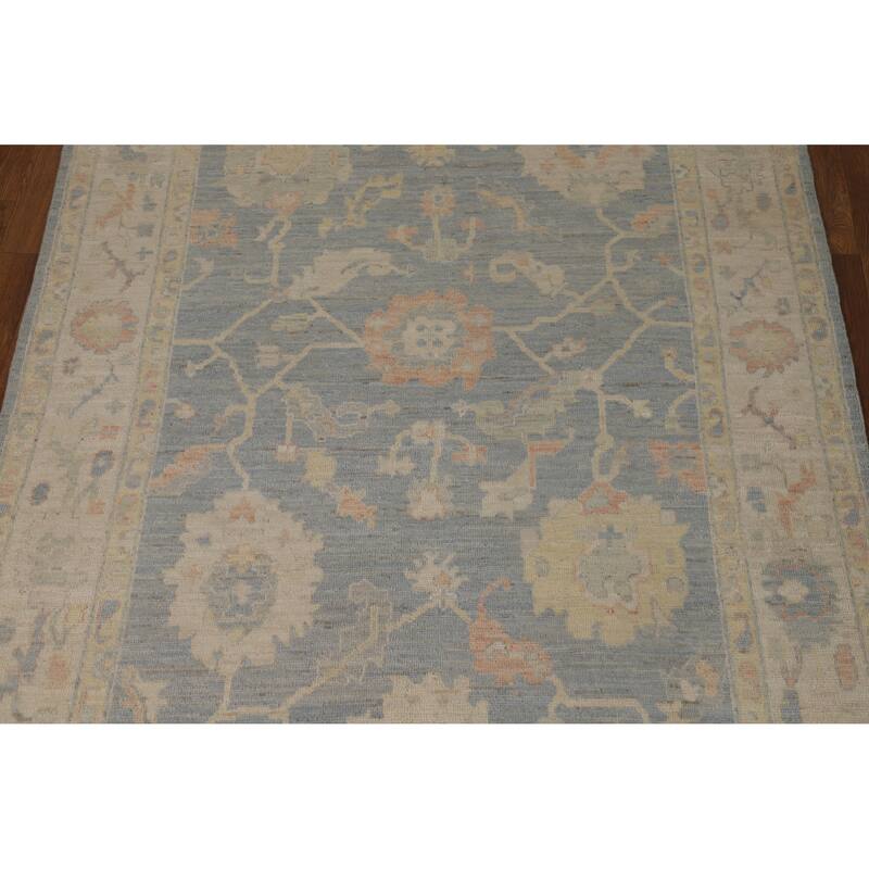 Vegetable Dye Floral Oushak Turkish Area Rug Handmade Blue Wool Carpet - 5'1"x 8'4"