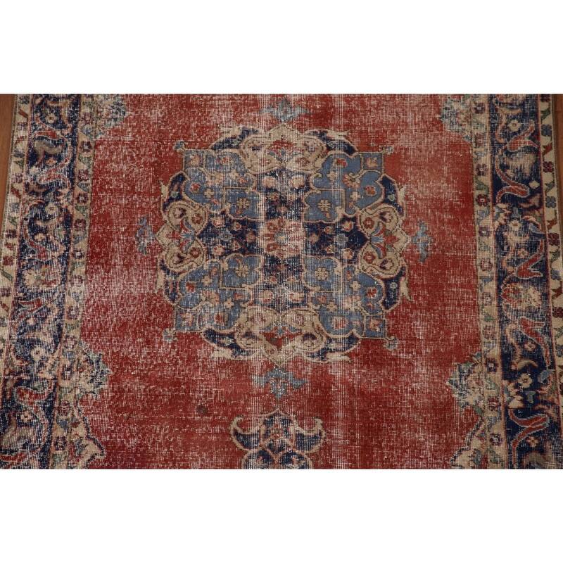 Distressed Oushak Turkish Vintage Area Rug Hand-Knotted Wool Carpet - 4'10" x 8'7"