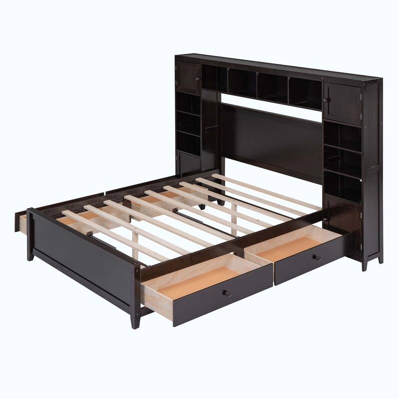 Full Size Wooden Bed With All-in-One Cabinet and Shelf
