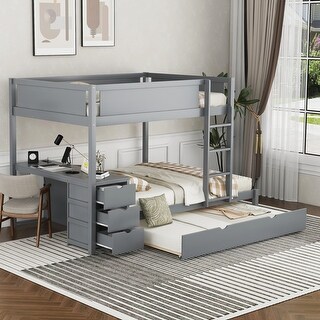 Full-Over-Full Bunk Bed with Twin size Trundle, Storage and Desk, Multifunctional Staircase and 3 Storage Drawers