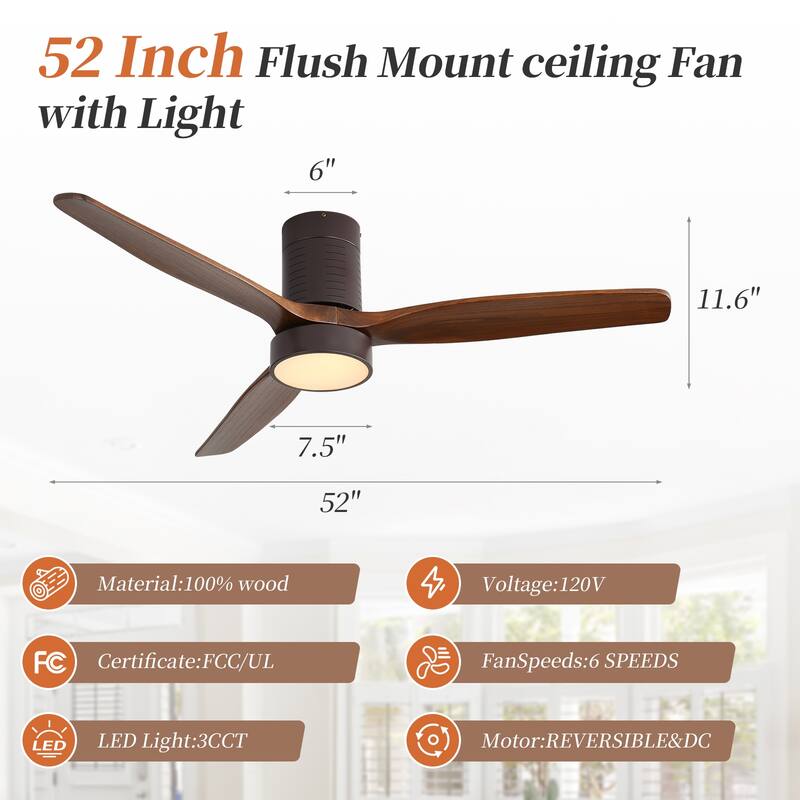 Sofucor 52 Inch Flush Mount Solid Wood Ceiling Fan with Remote, Reversible Motor,Integrated Light Optional