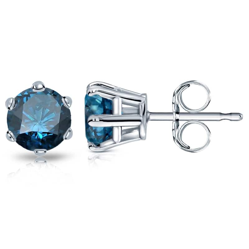 Auriya 2ctw Round Blue Diamond Stud Earrings 14k Gold 6-Prong (SI2-SI3) - White