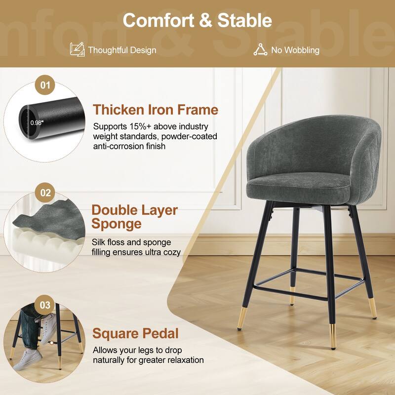 26" Counter Height Swivel Barstool with Arms and Metal Legs - 37"H x 22"W x 22"D