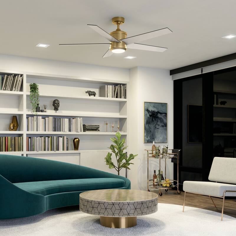 Kichler Brahm 56 inch LED Ceiling Fan Natural Brass with Walnut and White Blades