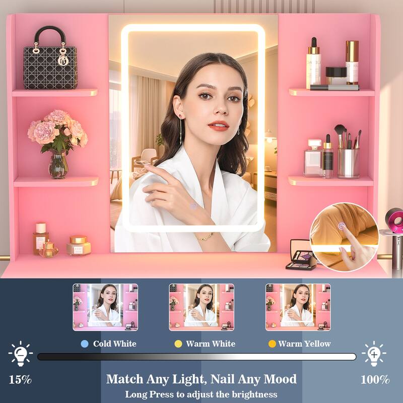 Modern Farmhouse Vanity Table with LED Mirror, Makeup Vanity Desk with Drawer, Cabinet, and Shelves