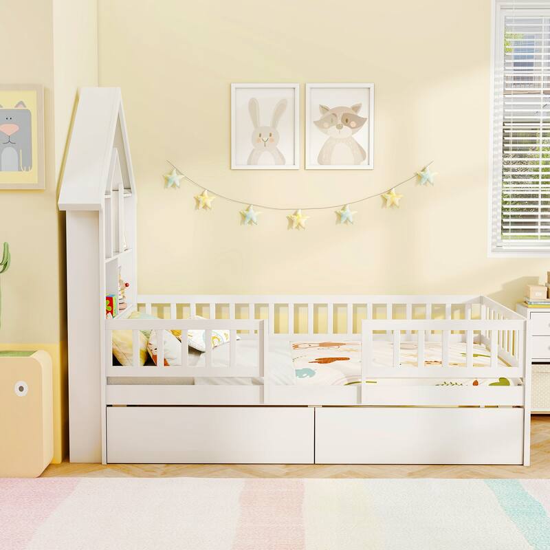 Gymax Twin Size House Bed w/ 2 Drawers Kids Montessori Bed w/ Storage