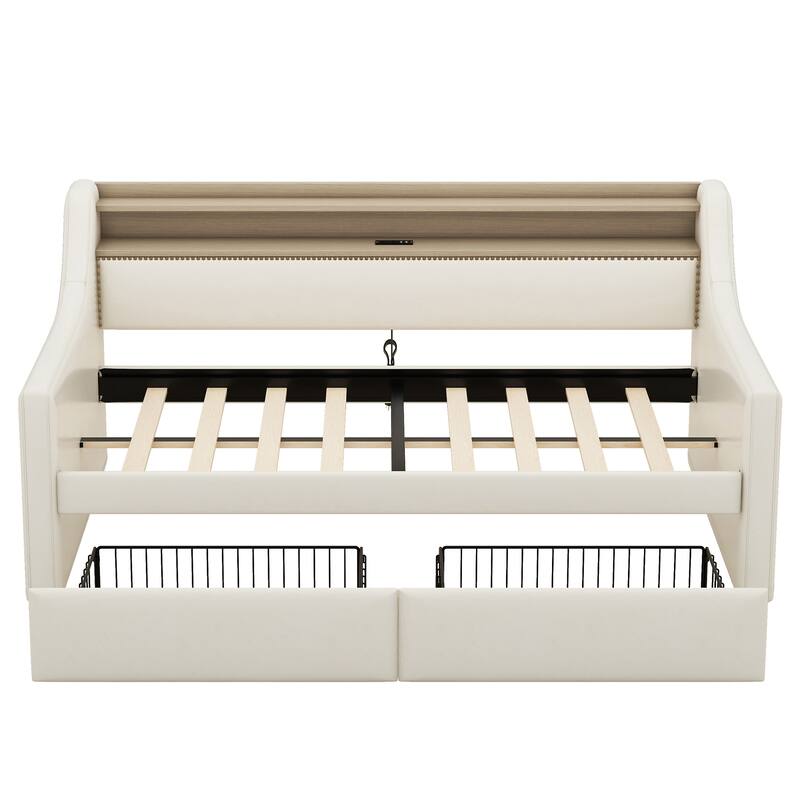 Twin Size PU Leather Upholstered Daybed with Trundle,Charging Station and LED Lights