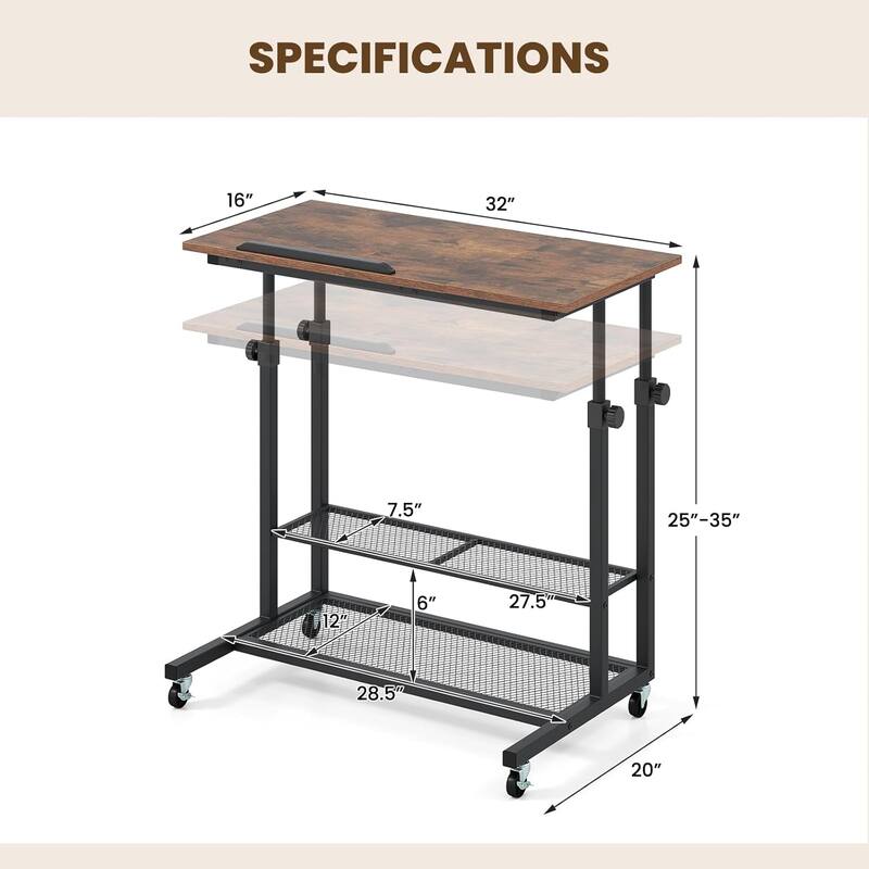 Mobile Standing Desk Adjustable Computer Desk w/Tilting Desktop