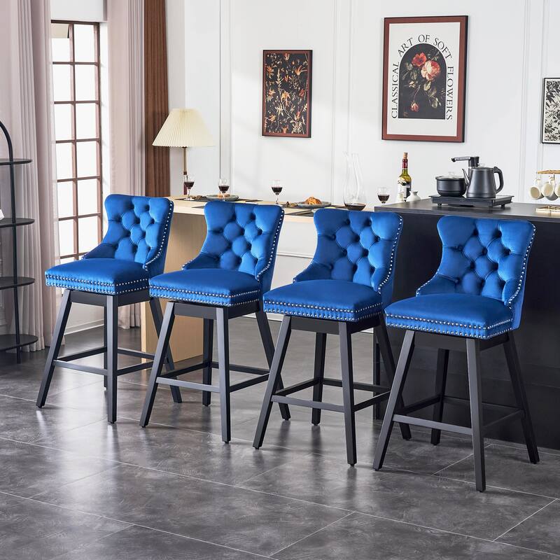 26"/30" Velvet Upholstered Swivel Counter or Bar Height Stools, Set of 4 - Blue - Counter Height