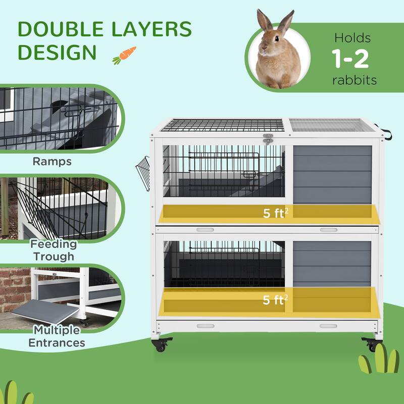White and Grey Double-Decker Bunny Hutch with Ramps Tray and for Small Animals - 35.5" L x 20.75" W x 38.25" H