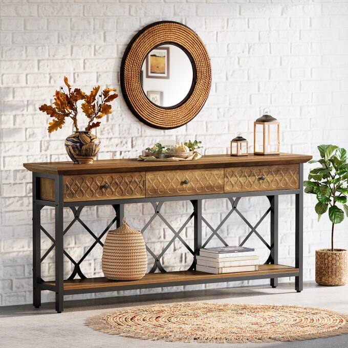 70.86-Inch Console Sofa Table, Entryway Table with 3 Storage Drawers - Black&Brown 