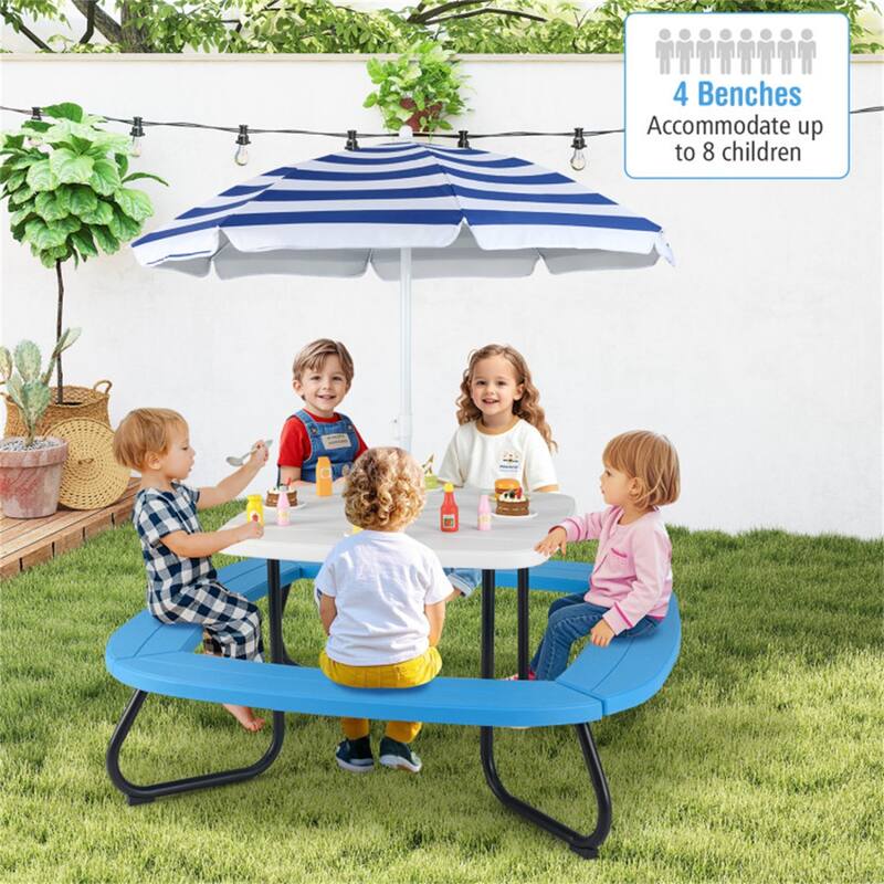 Kids Outdoor Picnic Table with Adjustable Umbrella and Benches Metal Frame and Weather-Resistant Surface - 49" × 49" × 39"-63"