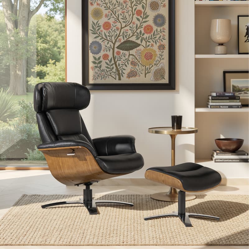 Jovan 31.5" Genuine Leather Recliner Lounge Chair with Ottoman - Shadow Gray Leather