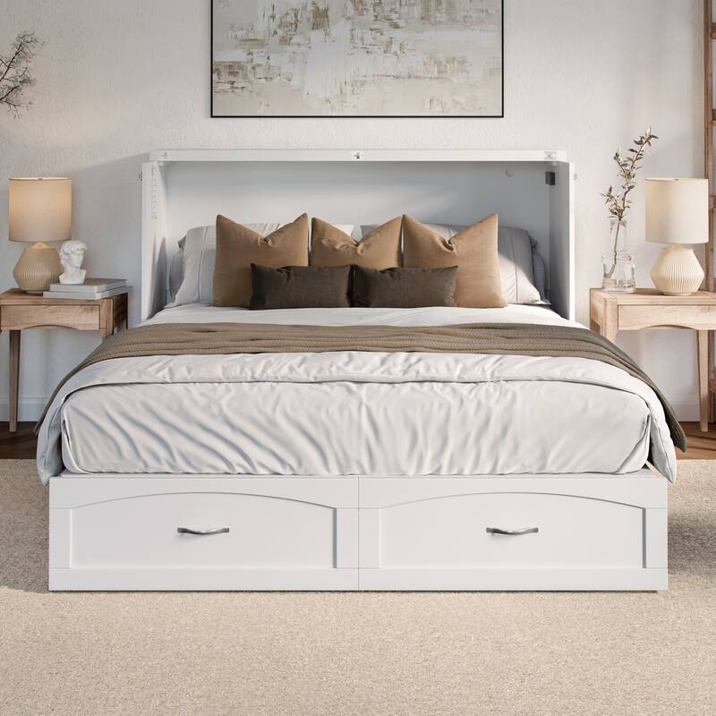 Marion Queen Murphy Bed Chest with 6" Mattress, Storage Drawer & Built-In Charger