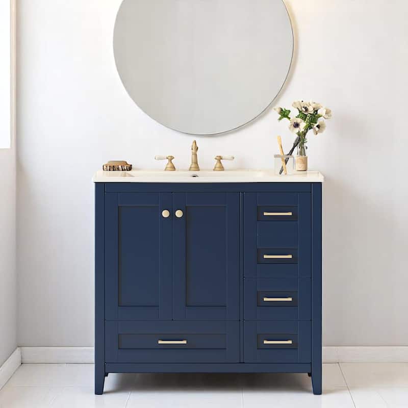 36 Inch Bathroom Vanity with Sink Combo, Blue MDF Cabinet with Storage Drawers and Solid Wood Frame - Blue