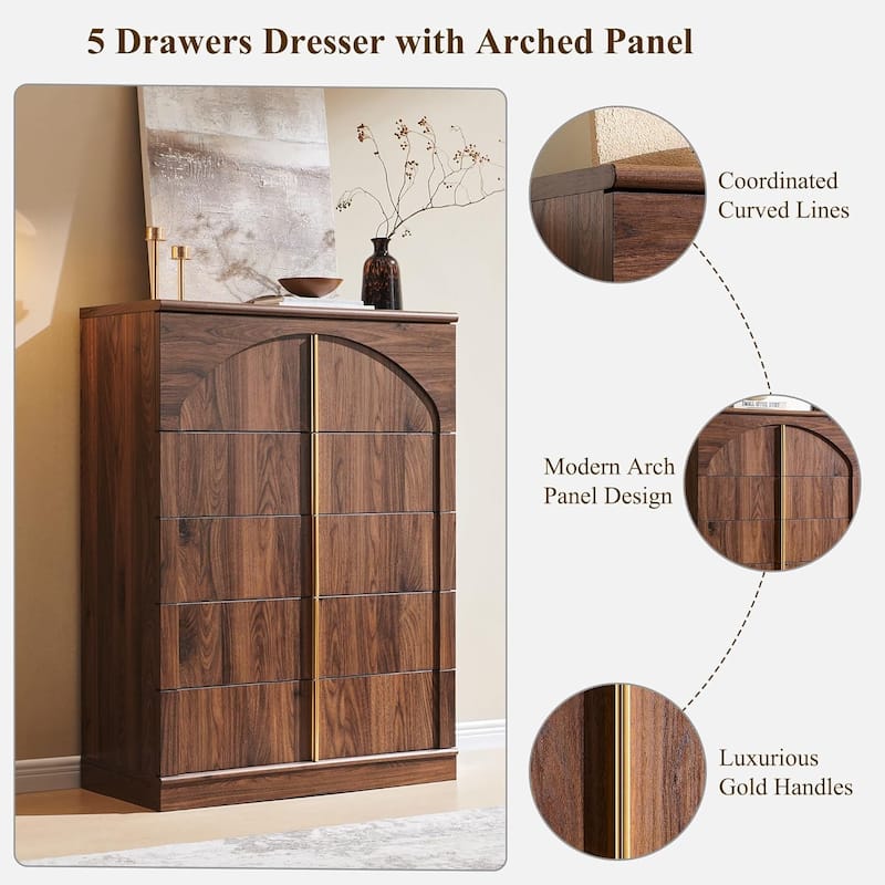 44" Tall Modern 5 Drawers Dresser with Arched Panel, Chest of Drawers