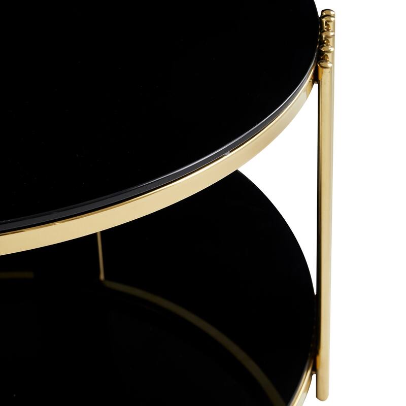 35" Modern Round Coffee Table with Double-Layer Black Glass & Gold Frame, Easy Assembly