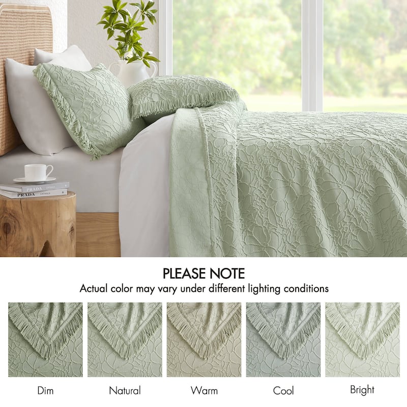 Sage King 3-Piece Bedspread Set Oversized Chenille Floral with Fringe Border