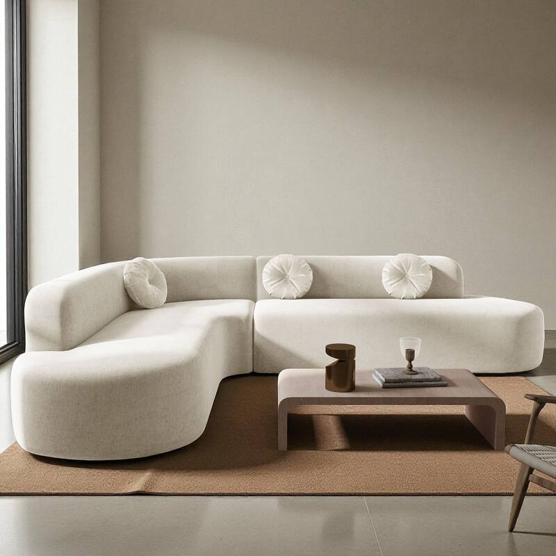 122" Extra Large Curved Sectional Sofa Soft Upholstery with 3 Round Cushions High-Resilience Foam Modern Living Room Couch - Beige