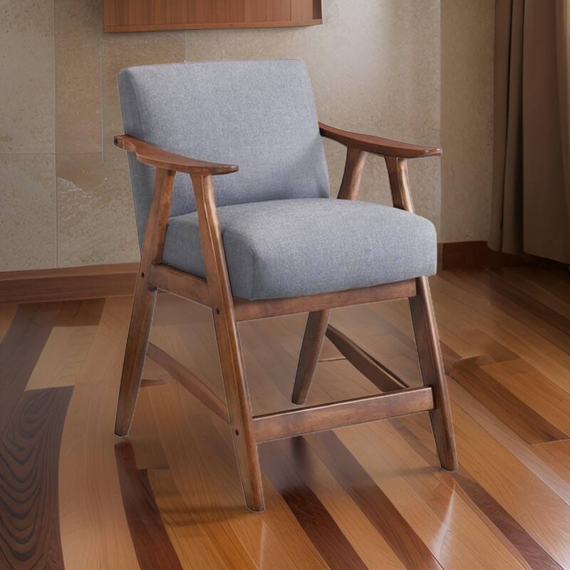 Stella 26 Inch Counter Height Chair, Light Gray Fabric, Cushions, Brown