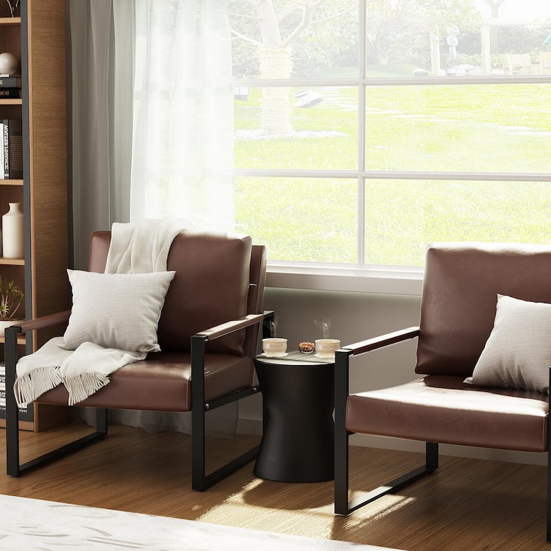 Eureka Modern Vintage Upholstered PU Leather Armchairs, Mid Century Accent Chairs with Steel Frame, Leisure Chairs (Set of 2)