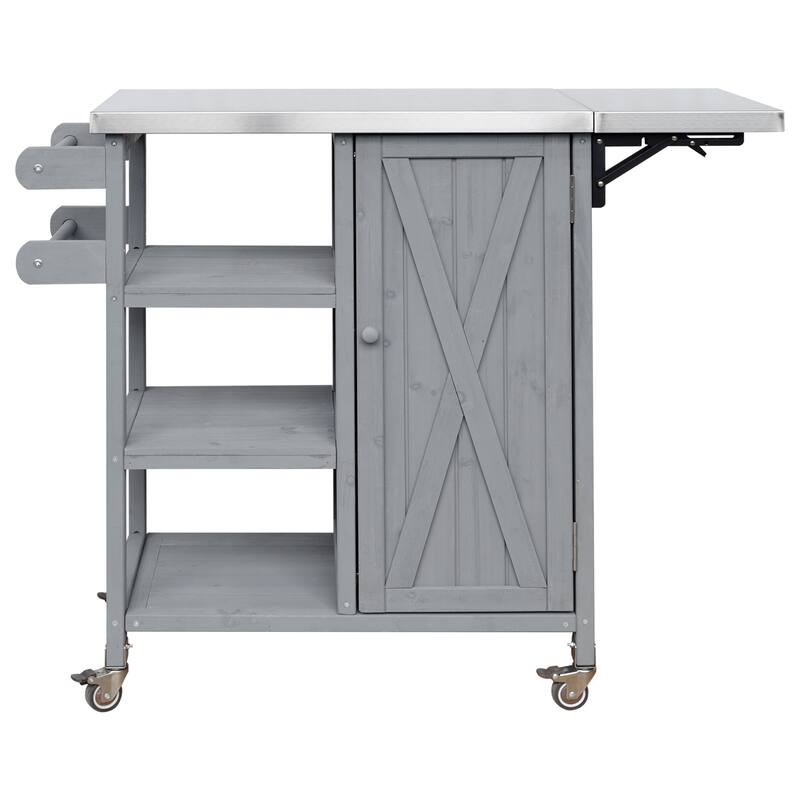 Foldable Outdoor Portable Kitchen Island Cart with Lockable Wheels, Storage Cabinet & Towel Rack