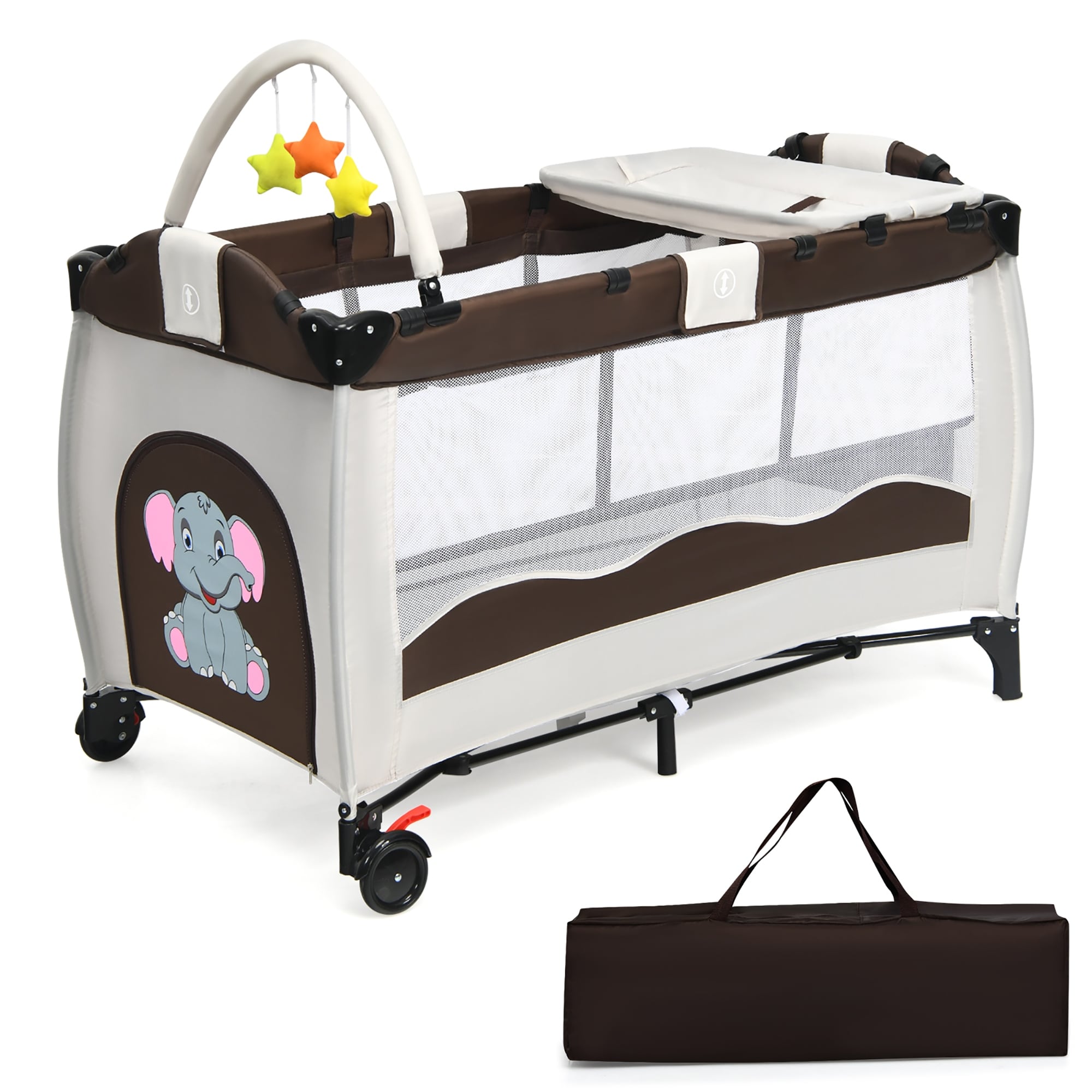 Costway Baby Crib Playpen Playard Foldable Bassinet Infant Bed Coffee