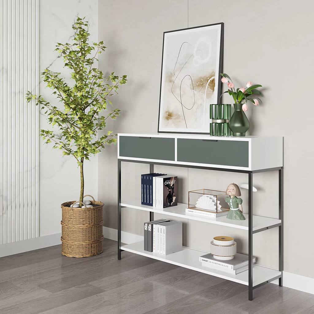 Contemporary Narrow Console Table with 2 Entry Storage Shelves, Sofa Table with 2 Drawers, Side Table