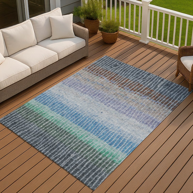 Machine Washable Indoor/ Outdoor Contemporary Stripes Chantille Rug - Blue - 9' x 12'