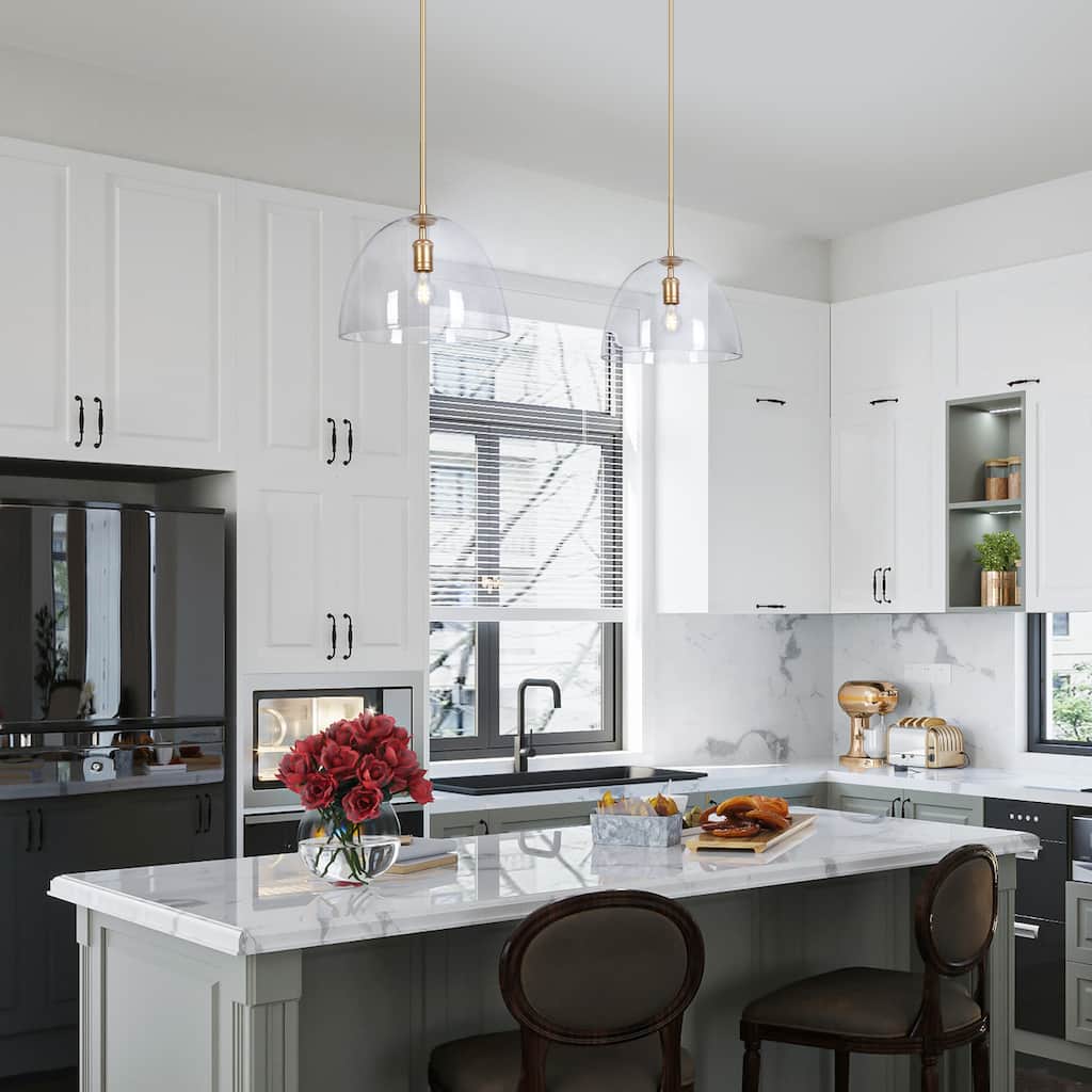 Modern Gold 1-Light Bell Pendant Light for Kitchen Island with Clear Glass Shade - 13.7" W x 10.6" H