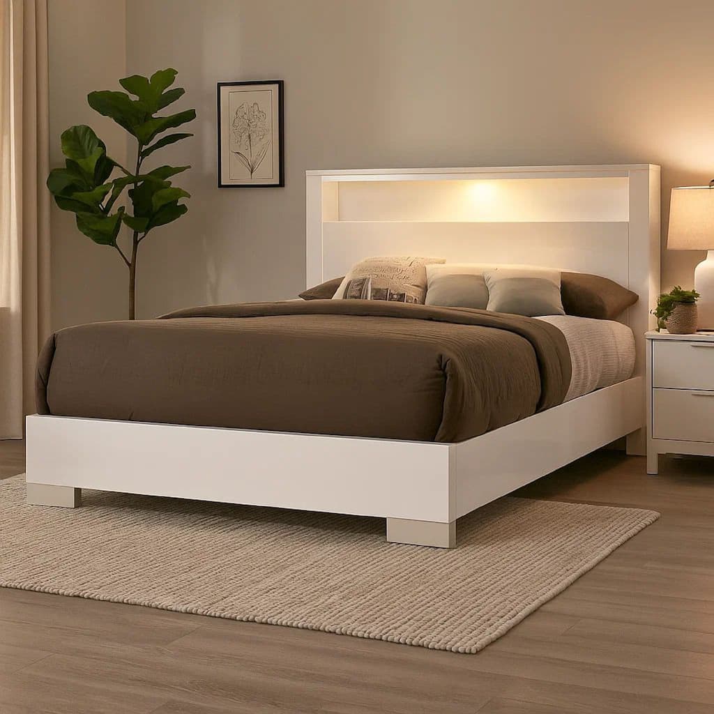 Modern Eastern King Size Bed with Shelved Headboard and LED Light, White