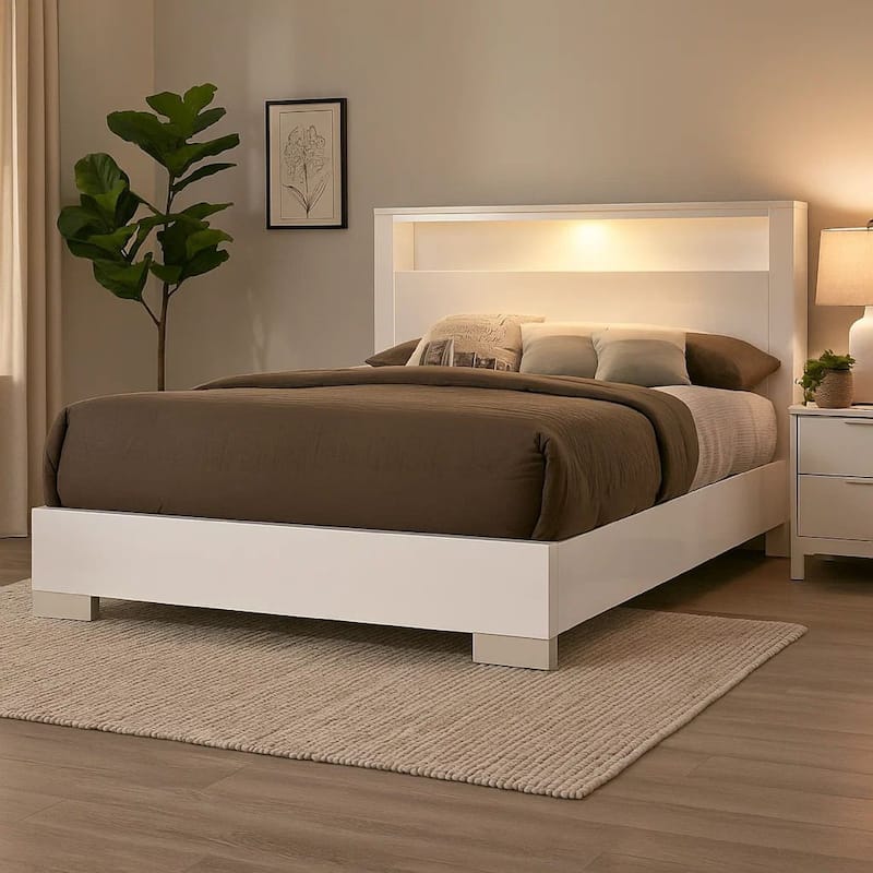 Modern Eastern King Size Bed with Shelved Headboard and LED Light, White