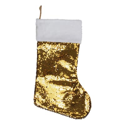 19" Gold and Silver Sequin Christmas Stocking With White Faux Fur Cuff