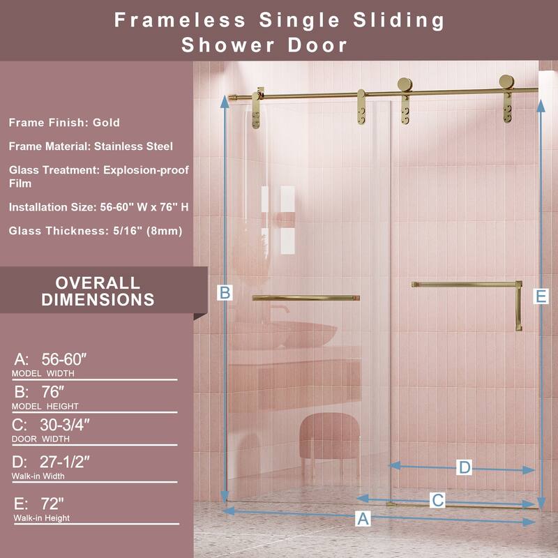 56-60"W x 76"H Single Sliding Glass Shower Door
