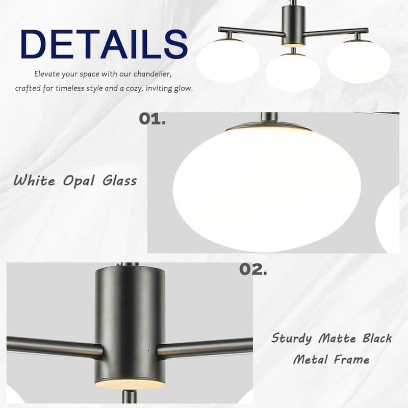 3-Light 20'' Mid Century Modern Opal Glass Chandelier Classic Globe Pendant Light For Dining Room Living Room - W20''