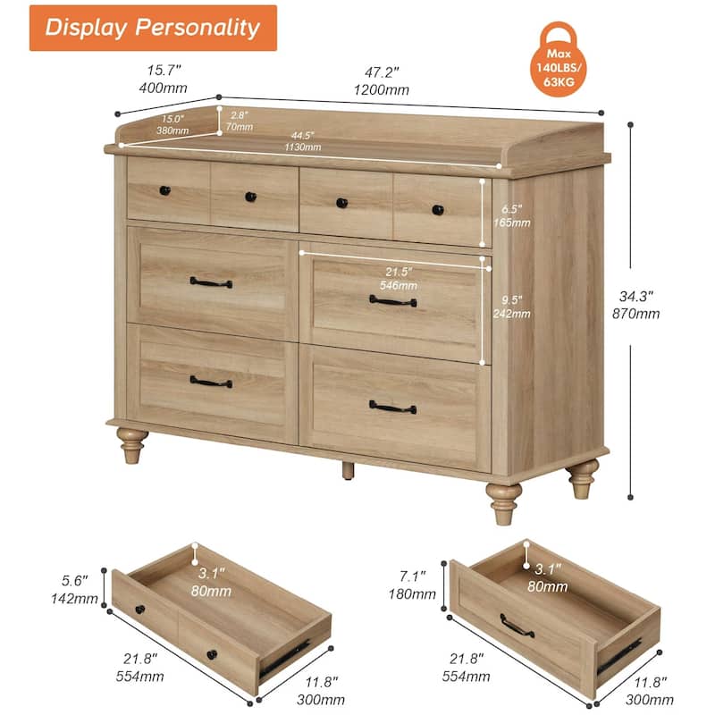 Mid Century Dresser with 5/6 Drawers, Wooden Kids Dresser for Bedroom