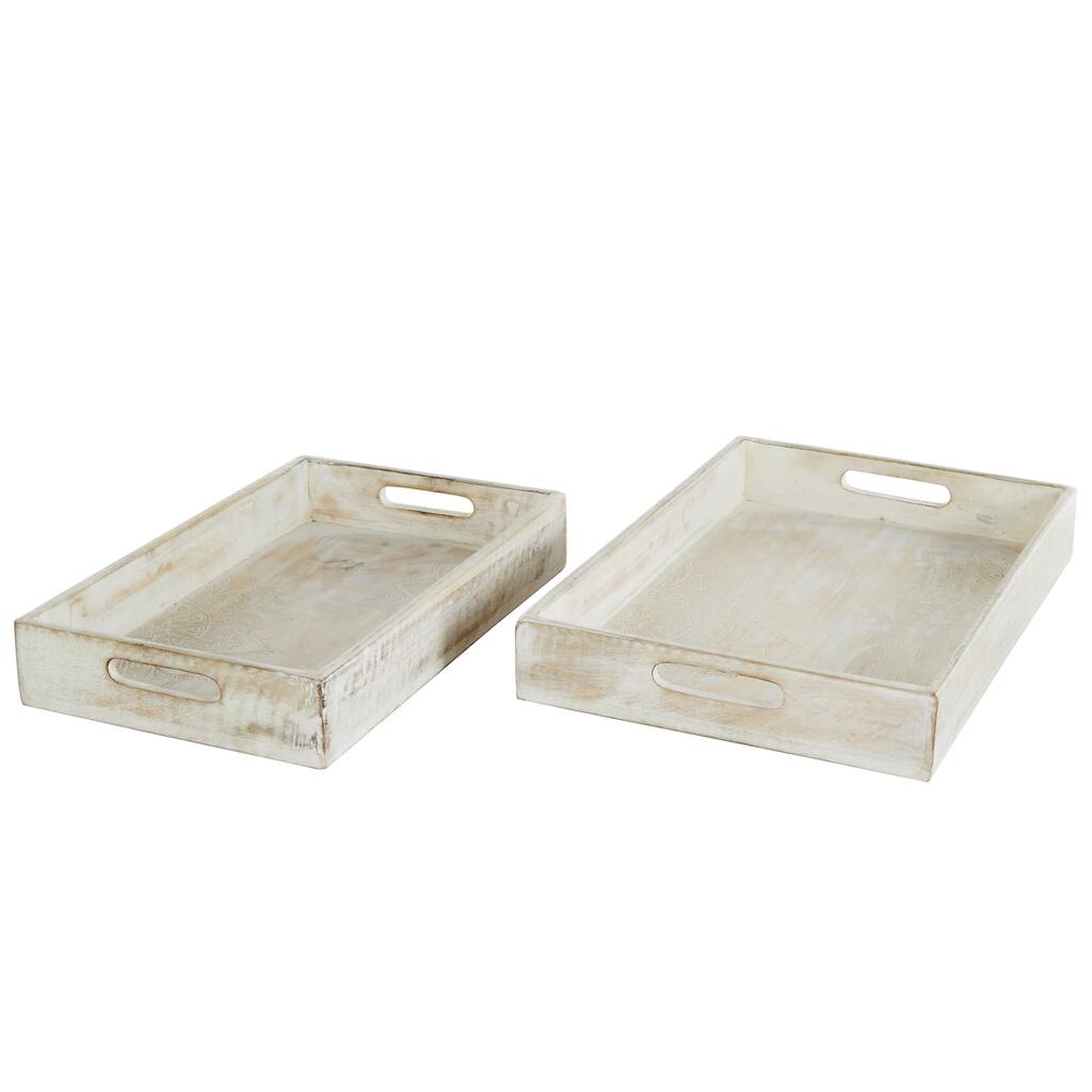 Mango Wood Handmade Whitewashed Living Room Decor Tray with Carved Mandala Interior - Set of 2 Cream - Roche River Decor