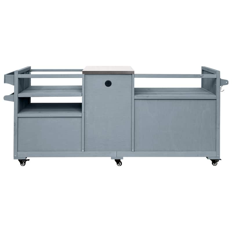 80.5" Solid Wood Outdoor Kitchen Island with Stainless Steel Top, Grill Cart Compatible with Big Green Egg & Blackstone