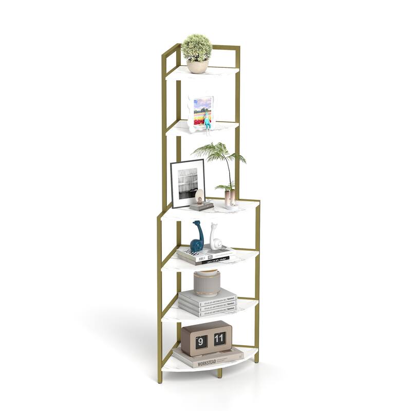 6-Tier Corner Open Shelf Bookcase Wood Rack Freestanding Shelving Unit, Plant Album Trinket Sturdy Stand Small Bookshelf