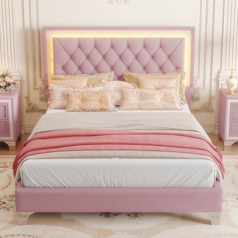 Full Upholstered Bed - LED Tufted Headboard, Velvet Platform, Modern Style