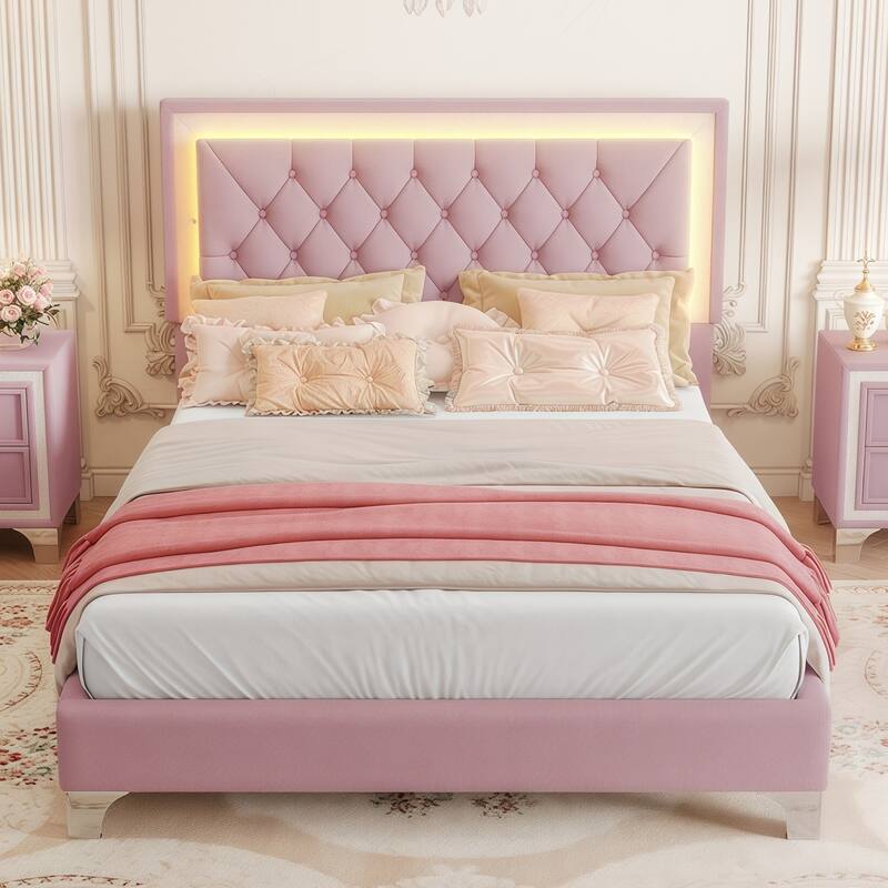 Roomfitters Modern Velvet Full Platform Bed with Tufted Headboard and Built-In Lighting, Pink