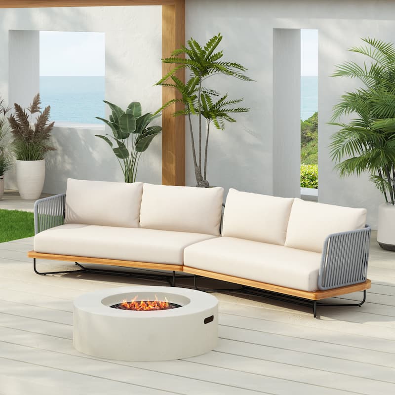 Roomfitters Outdoor Acacia Wood Rope Woven Sofa Sectional Set with Cushions, Beige - Teak+ Beige