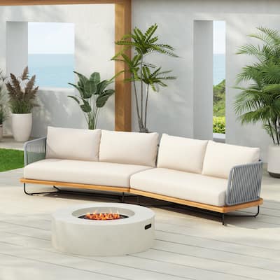 Roomfitters Outdoor Acacia Wood Rope Woven Sofa Sectional Set with Cushions, Beige