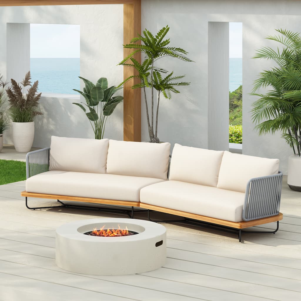 Roomfitters Outdoor Acacia Wood Rope Woven Sofa Sectional Set with Cushions, Beige
