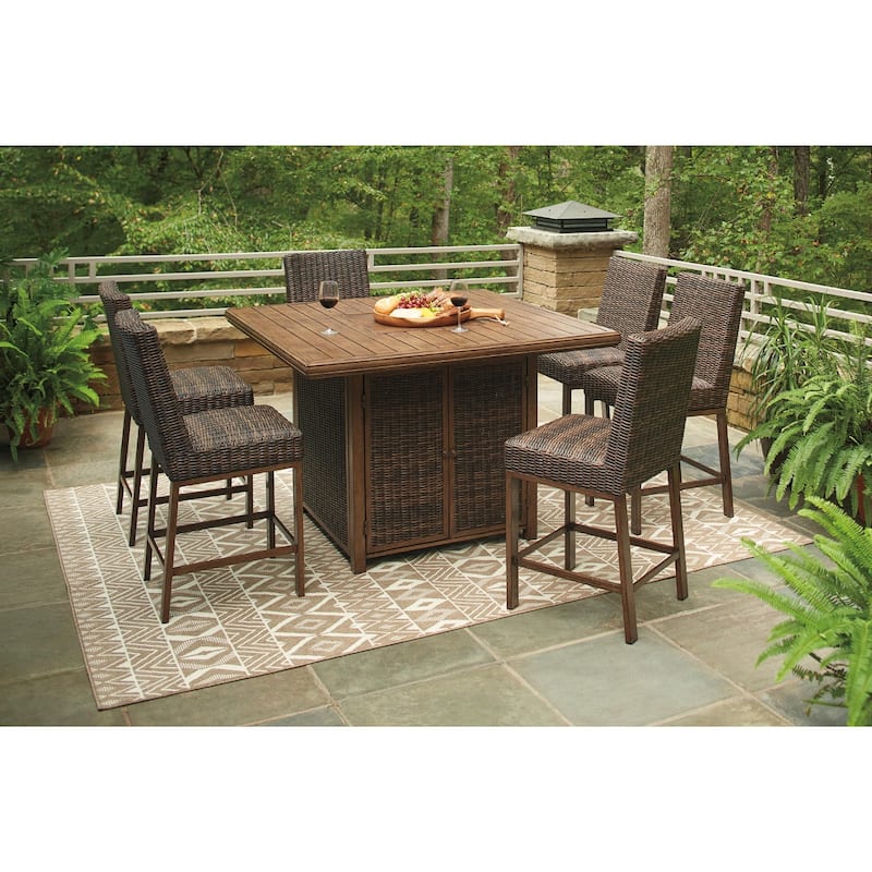 Signature Design by Ashley Paradise Trail Outdoor Medium Brown Square Bar Table with Fire Pit
