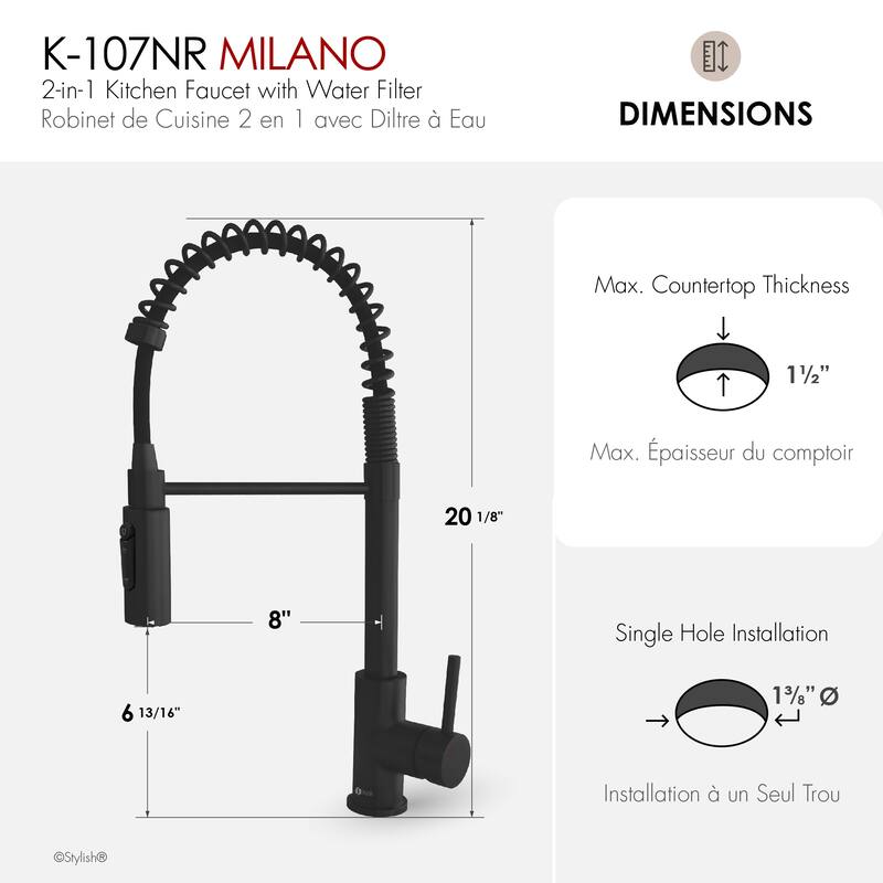 Milano Pull-Down Kitchen Faucet with water filter. Stainless Steel Gold.