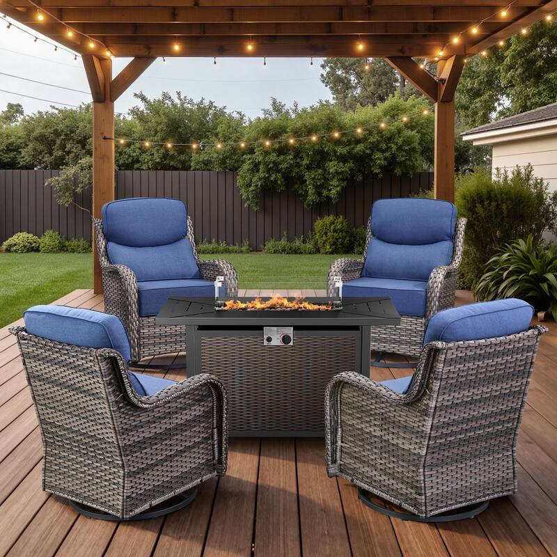 Arcadia 5-Piece Wicker Patio Set with 4 Swivel Glider Chairs and All-Iron Fire Pit